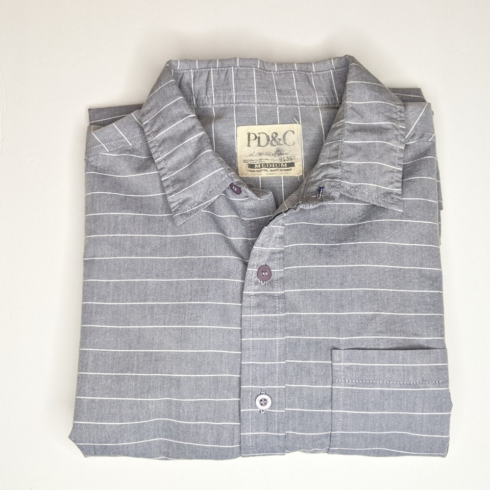 PD&C men's‎ long sleeve button down shirt, light blue with thin white stripe